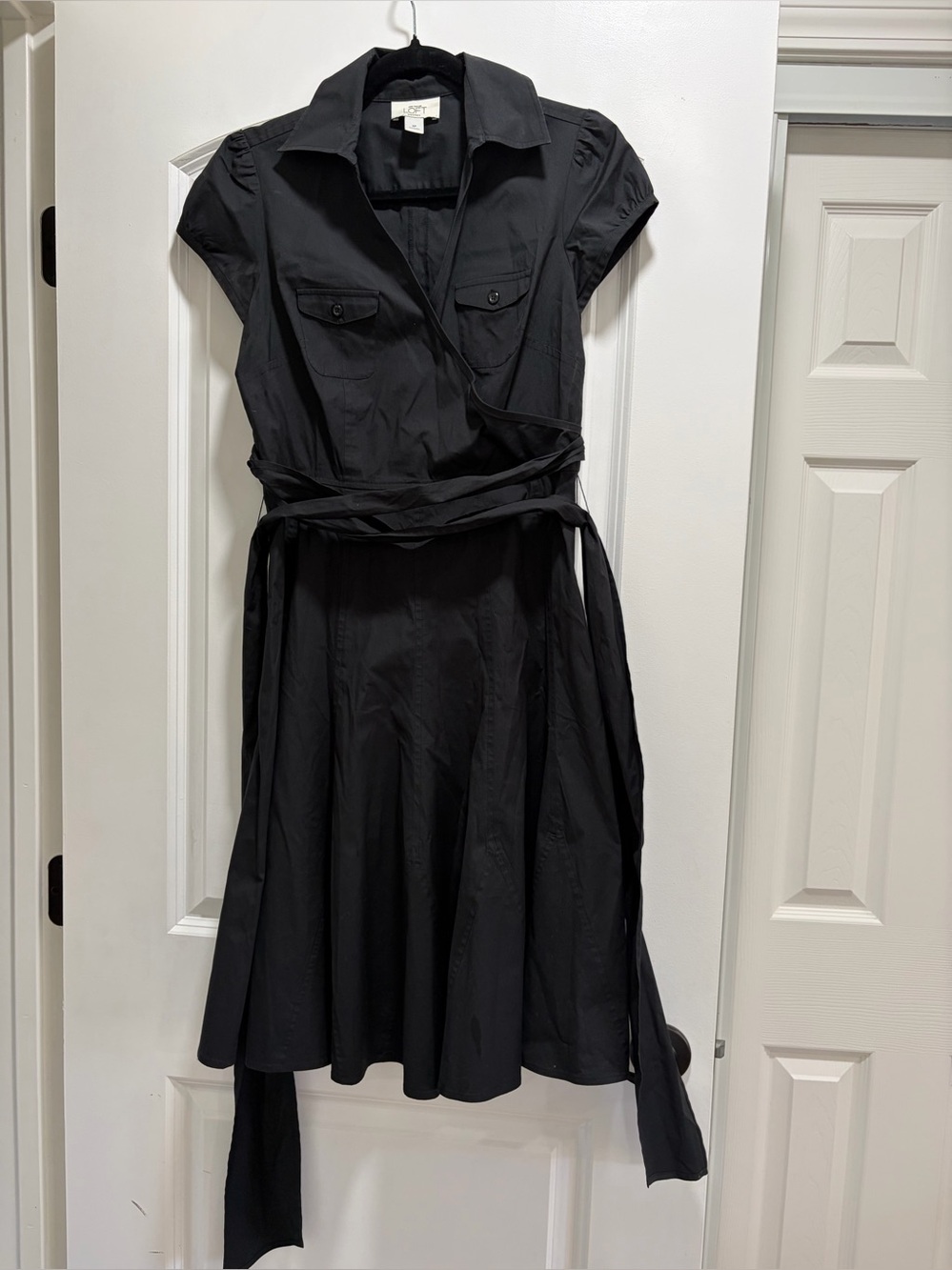 LOFT Black Short Sleeve Utility Button Front Midi Shirtdress with Tie Waist.